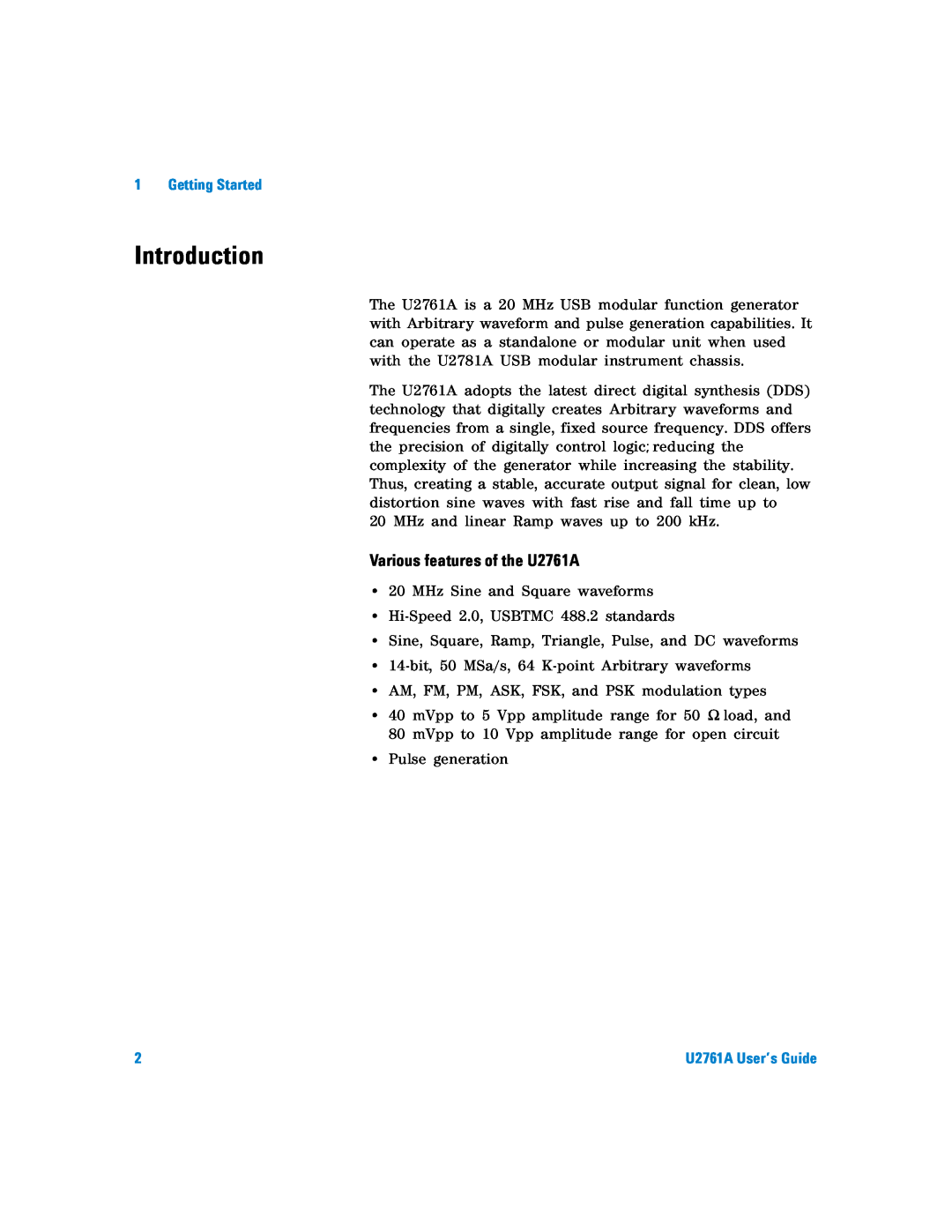 Agilent Technologies manual Introduction, Various features of the U2761A, Getting Started 