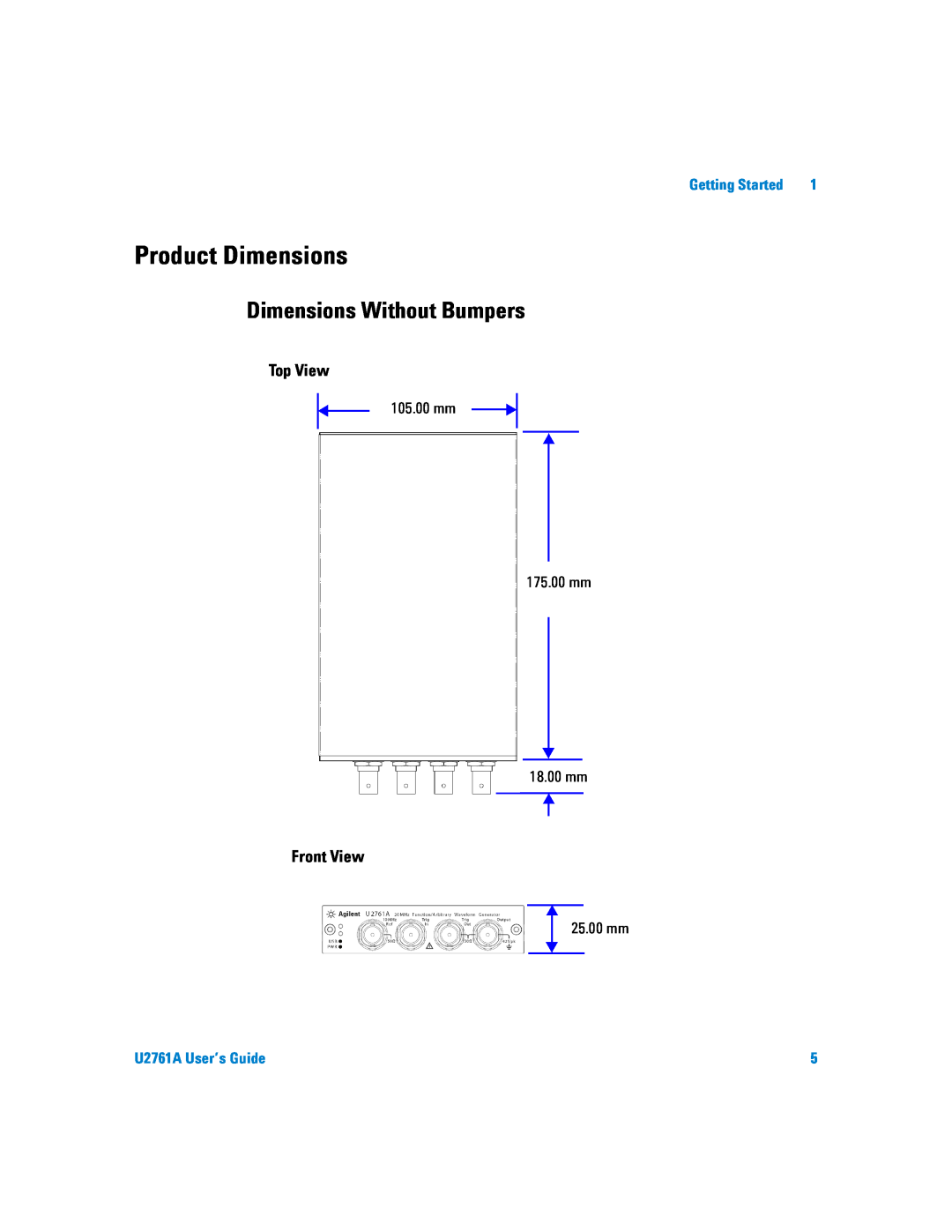Agilent Technologies manual Product Dimensions, Dimensions Without Bumpers, Top View, Front View, U2761A User’s Guide 