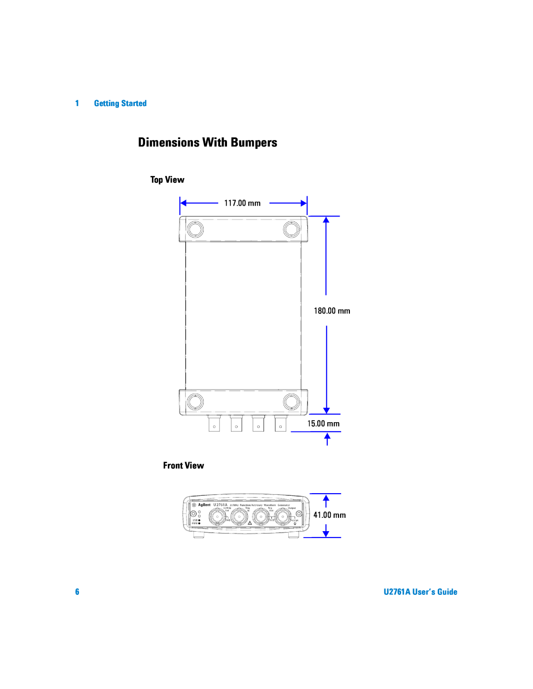 Agilent Technologies manual Dimensions With Bumpers, Top View, Front View, Getting Started, U2761A User’s Guide 
