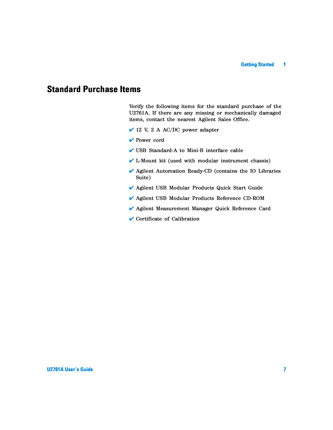 Agilent Technologies manual Standard Purchase Items, U2761A User’s Guide 