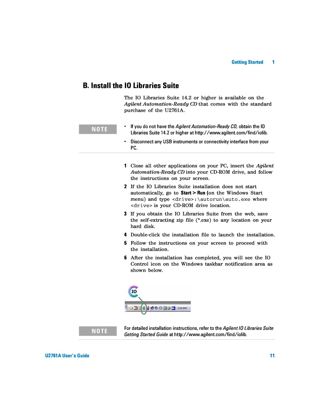 Agilent Technologies manual B. Install the IO Libraries Suite, N O Te, U2761A User’s Guide 