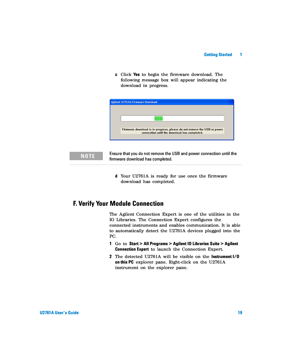 Agilent Technologies manual F. Verify Your Module Connection, N O Te, U2761A User’s Guide 