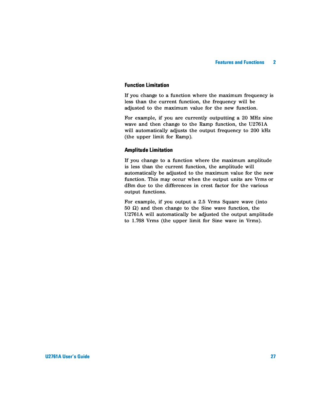 Agilent Technologies manual Function Limitation, Amplitude Limitation, U2761A User’s Guide 