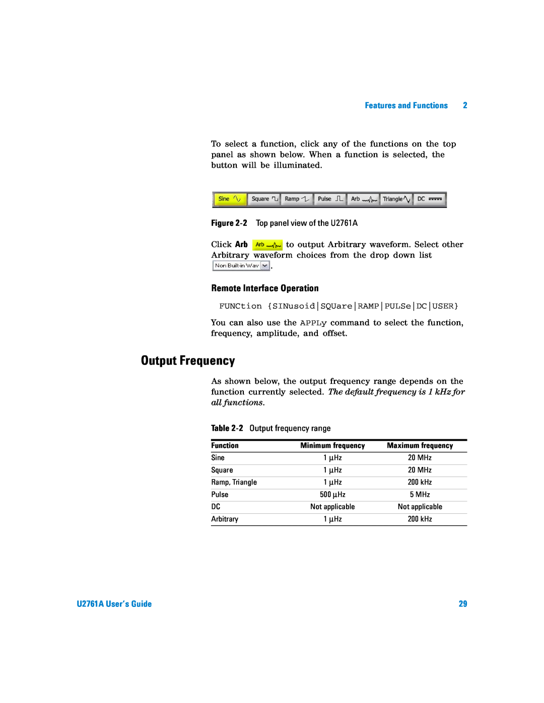 Agilent Technologies manual Output Frequency, Remote Interface Operation, U2761A User’s Guide 