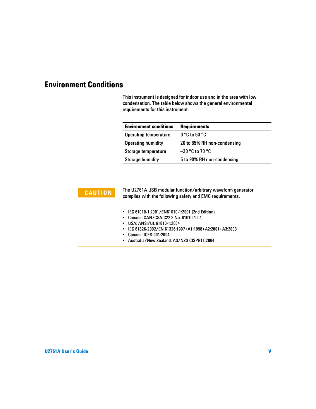 Agilent Technologies manual Environment Conditions, Requirements, U2761A User’s Guide 