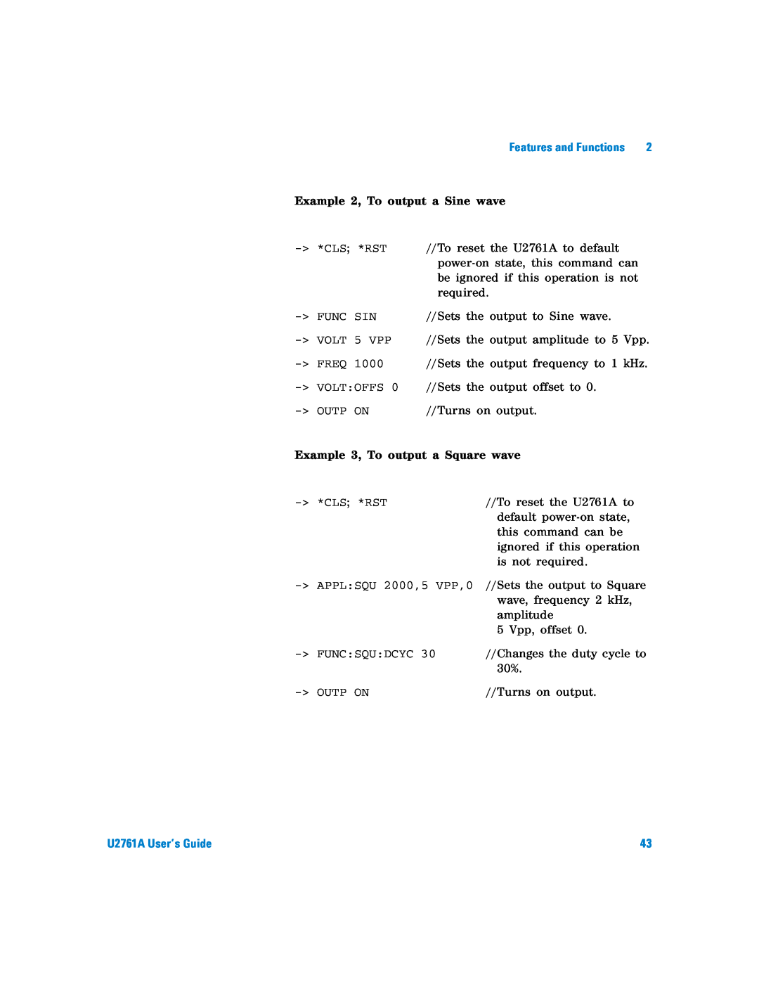 Agilent Technologies manual Example 2, To output a Sine wave, Example 3, To output a Square wave, U2761A User’s Guide 