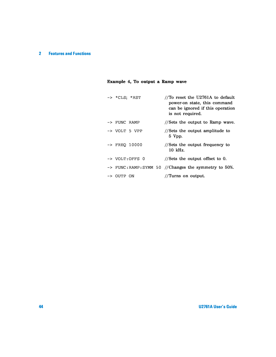 Agilent Technologies U2761A manual Features and Functions, Example 4, To output a Ramp wave 