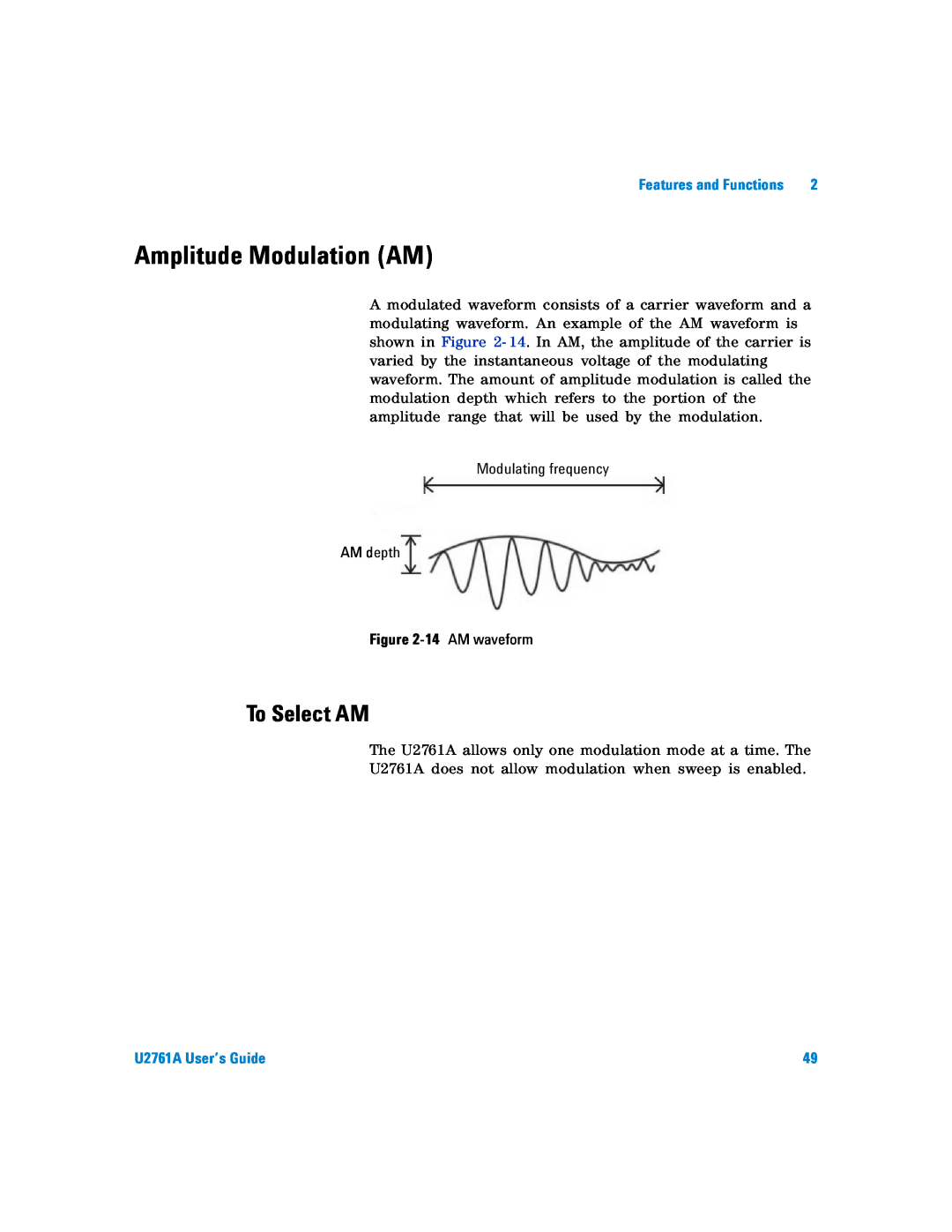 Agilent Technologies manual Amplitude Modulation AM, To Select AM, U2761A User’s Guide 