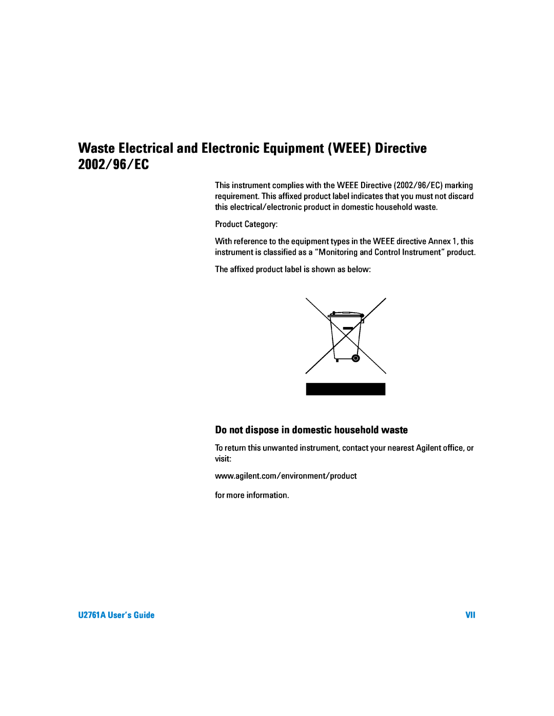 Agilent Technologies manual Waste Electrical and Electronic Equipment WEEE Directive 2002/96/EC, U2761A User’s Guide 