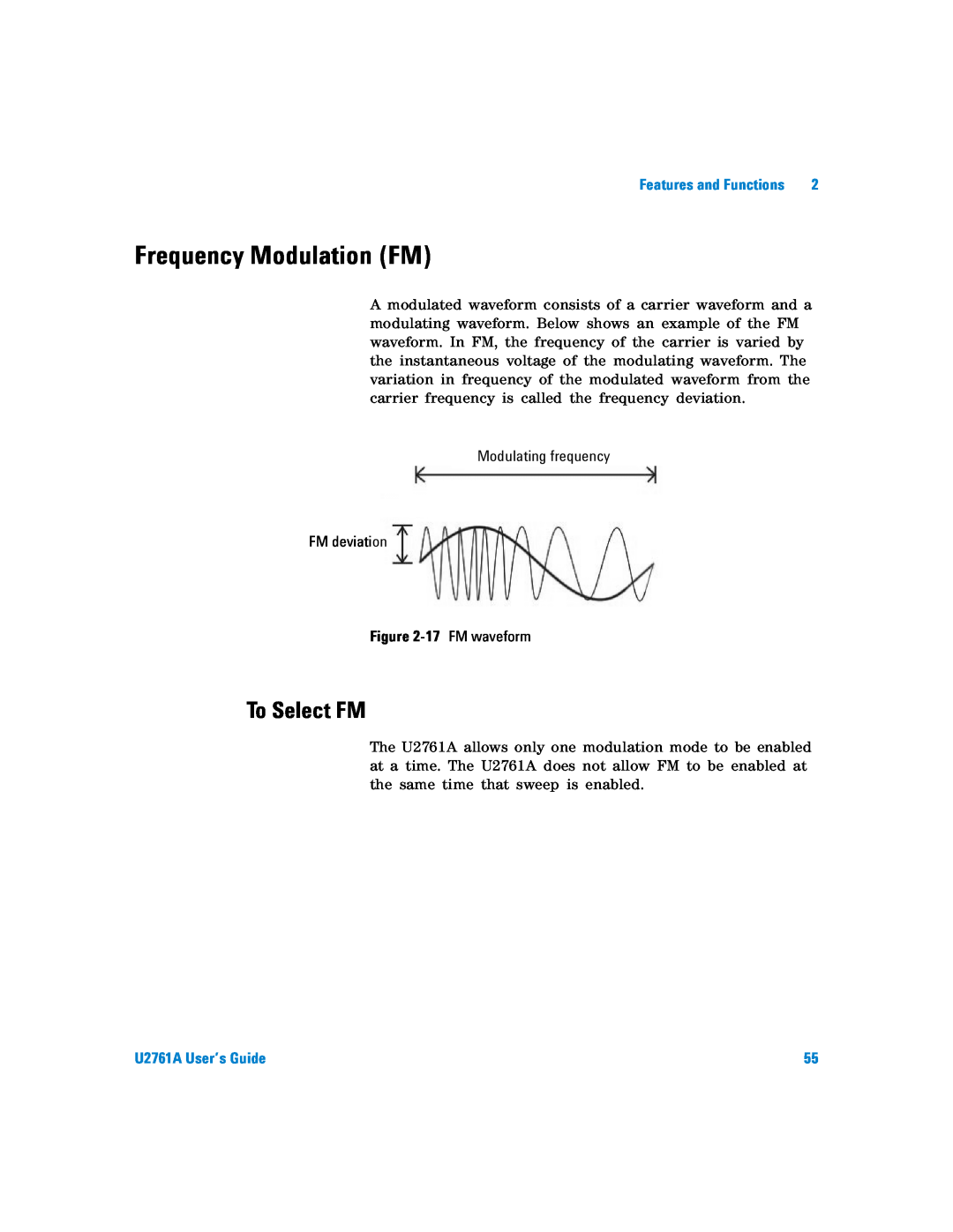 Agilent Technologies manual Frequency Modulation FM, To Select FM, U2761A User’s Guide 