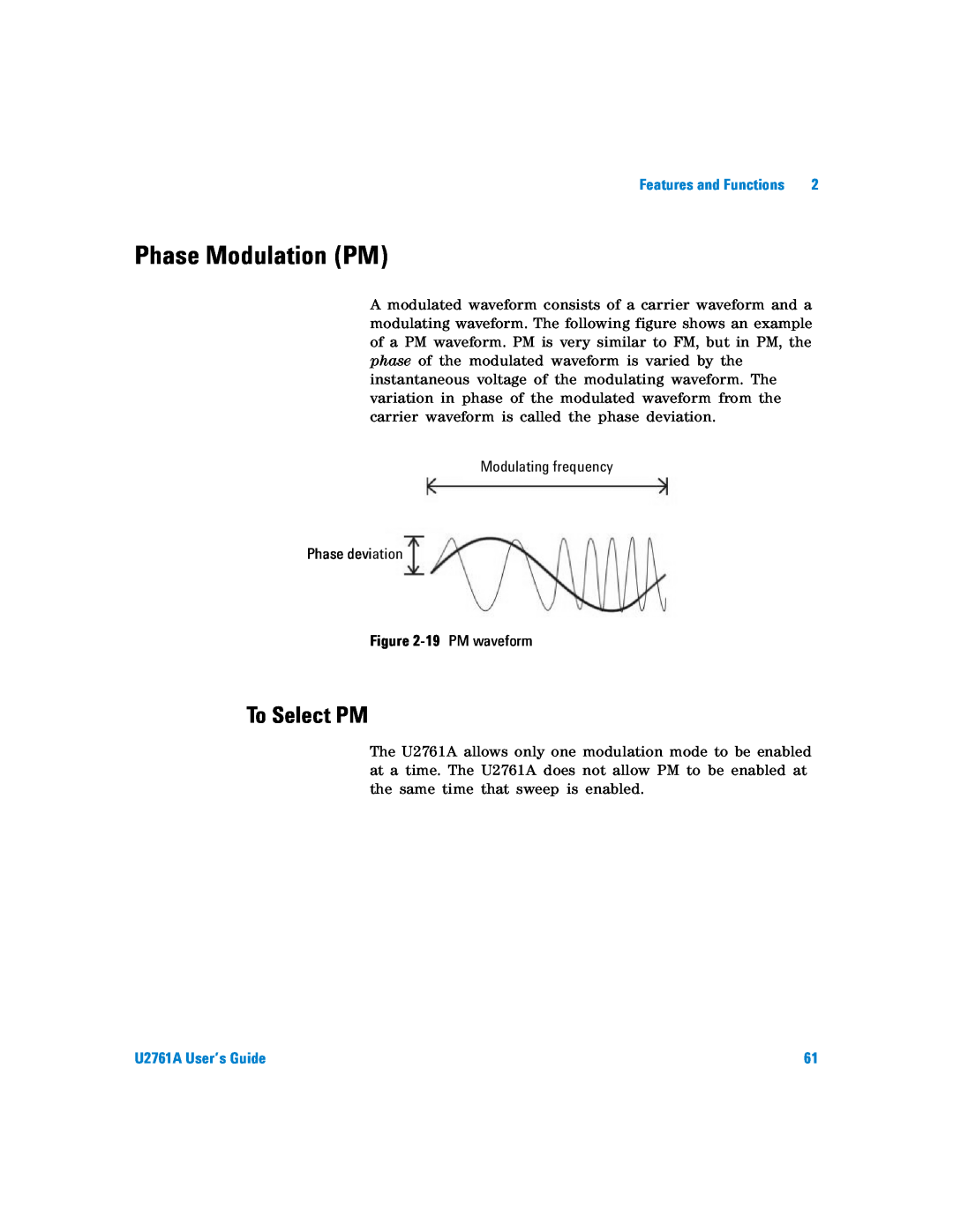 Agilent Technologies manual Phase Modulation PM, To Select PM, U2761A User’s Guide 