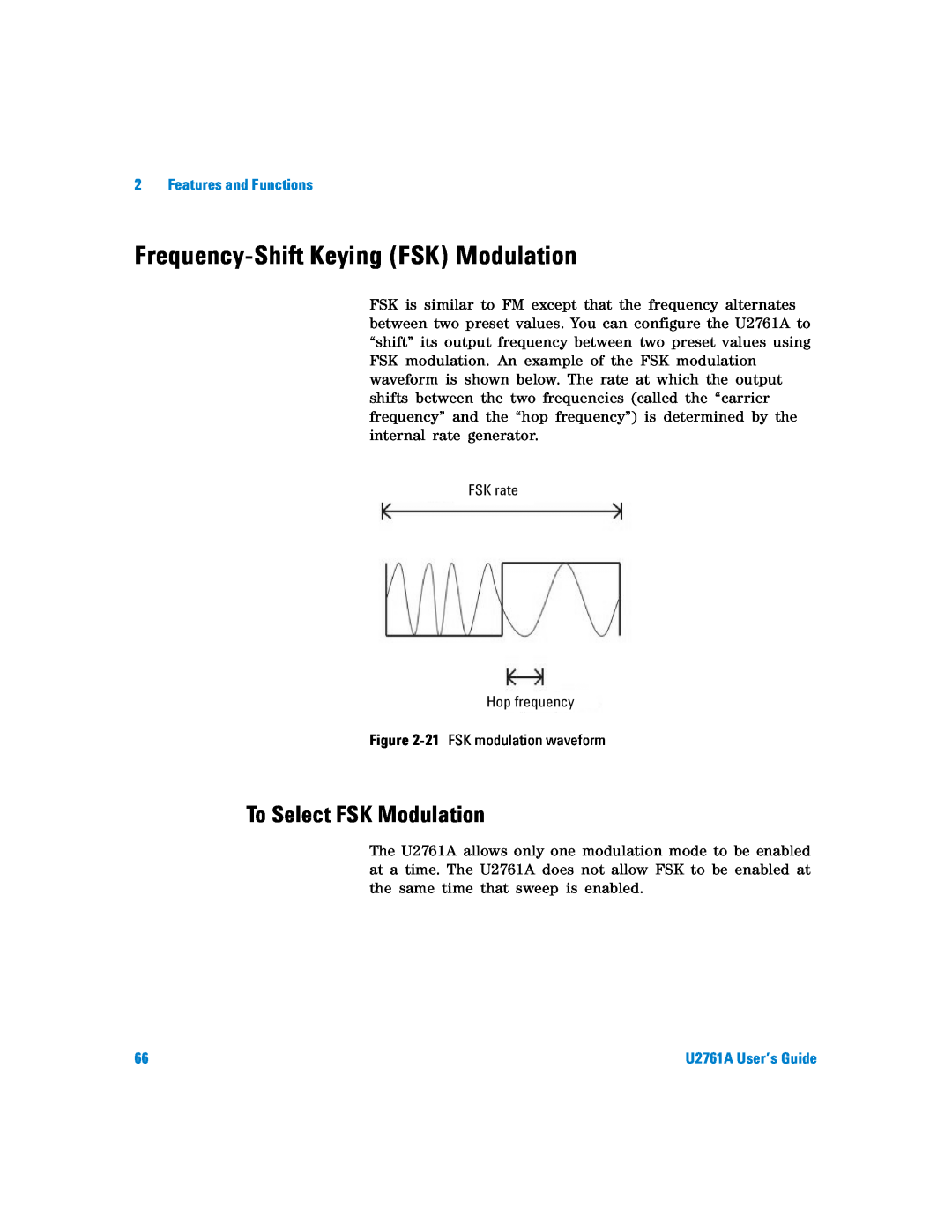 Agilent Technologies U2761A manual Frequency-Shift Keying FSK Modulation, To Select FSK Modulation, Features and Functions 