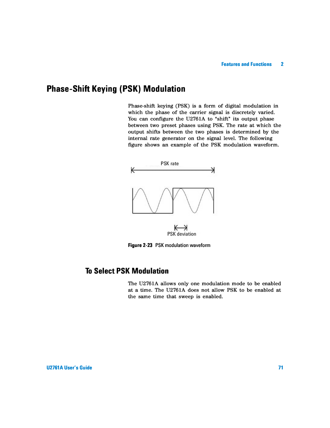 Agilent Technologies manual Phase-Shift Keying PSK Modulation, To Select PSK Modulation, U2761A User’s Guide 