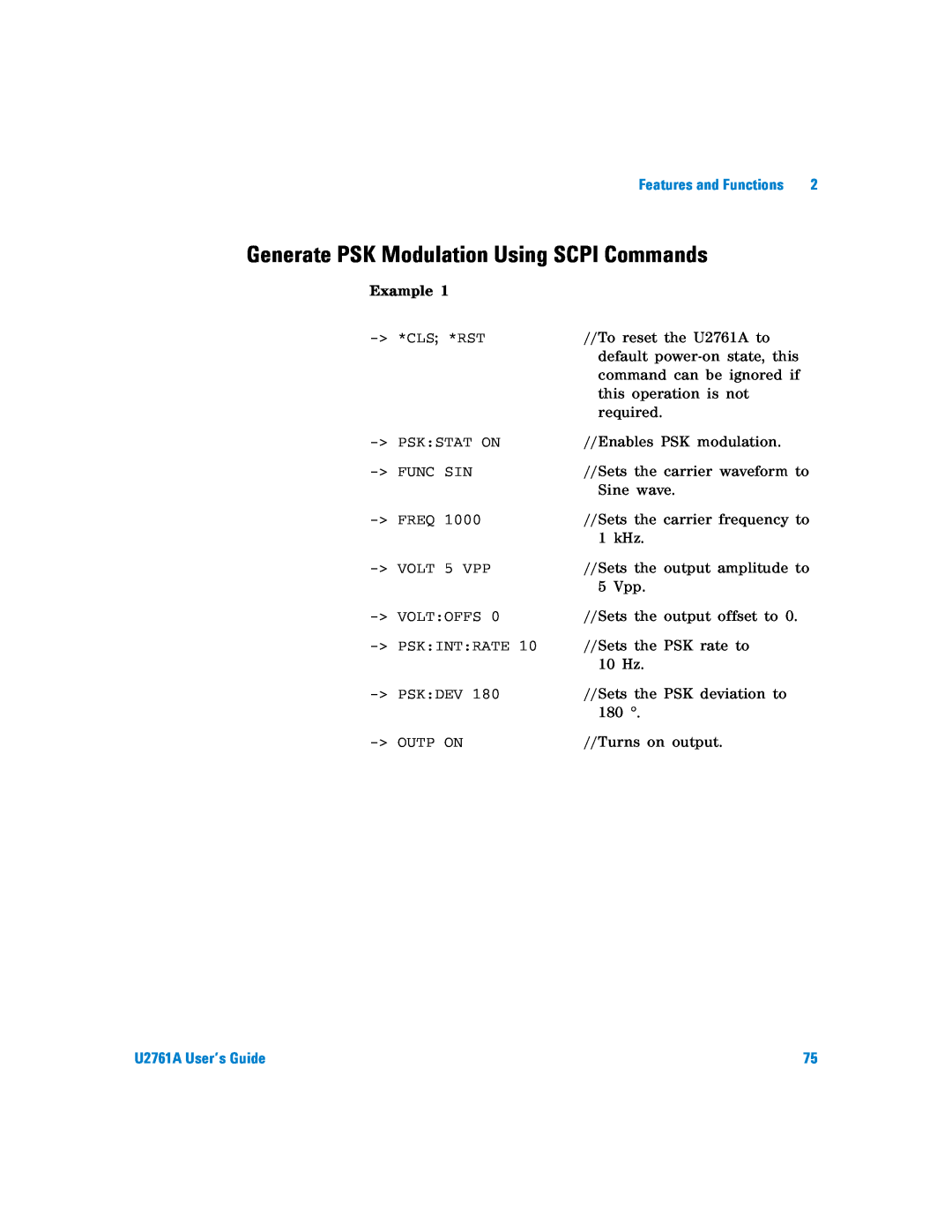 Agilent Technologies manual Generate PSK Modulation Using SCPI Commands, Example, U2761A User’s Guide 