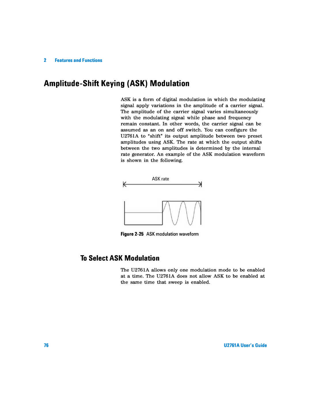 Agilent Technologies U2761A manual Amplitude-Shift Keying ASK Modulation, To Select ASK Modulation, Features and Functions 