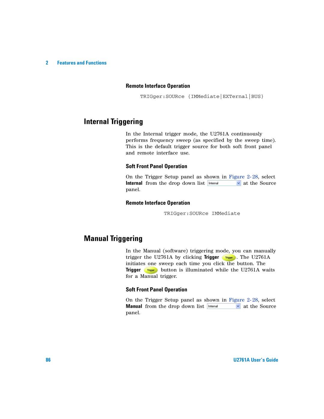 Agilent Technologies U2761A manual Internal Triggering, Manual Triggering 