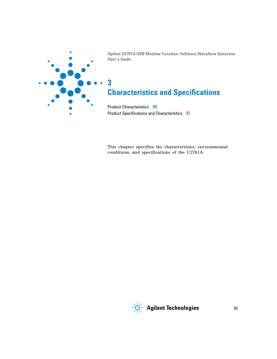 Agilent Technologies U2761A manual Characteristics and Specifications 