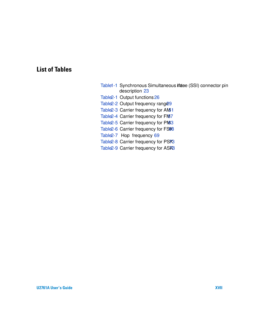 Agilent Technologies U2761A manual List of Tables 