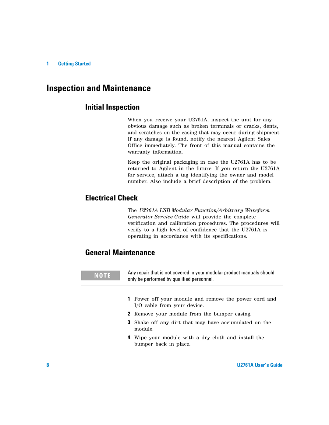 Agilent Technologies U2761A manual Inspection and Maintenance, Initial Inspection, Electrical Check, General Maintenance 