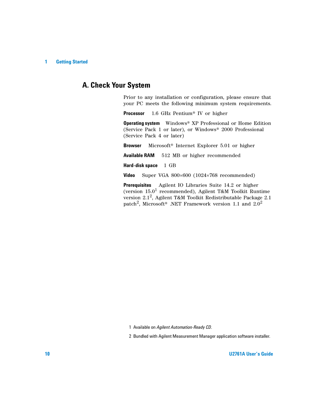 Agilent Technologies U2761A manual Check Your System, Hard-disk space 1 GB 