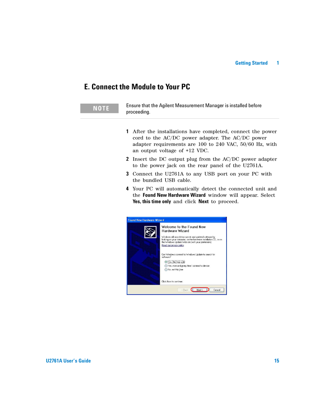 Agilent Technologies U2761A manual Connect the Module to Your PC, Proceeding 