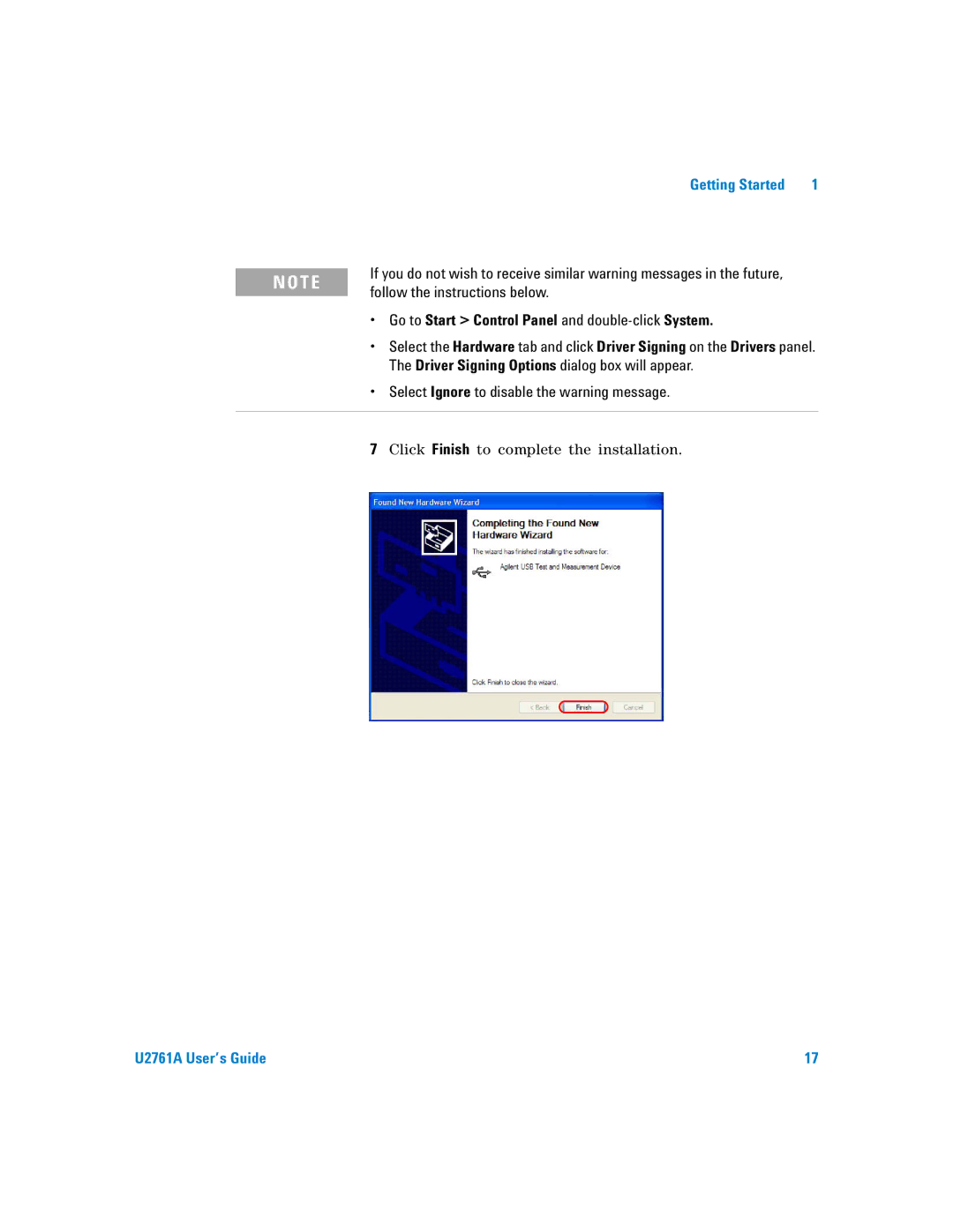 Agilent Technologies U2761A Go to Start Control Panel and double-clickSystem, Select Ignore to disable the warning message 