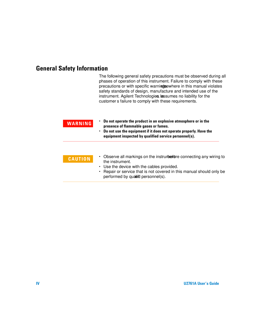 Agilent Technologies U2761A manual Instrument, Use the device with the cables provided, Performed by qualified personnels 