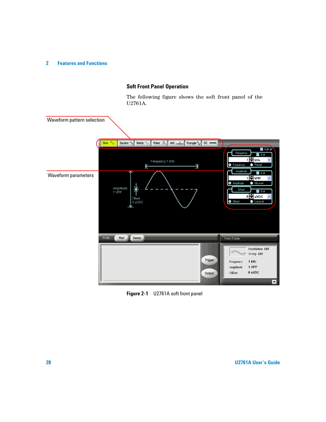 Agilent Technologies U2761A manual Soft Front Panel Operation, Waveform pattern selection Waveform parameters 