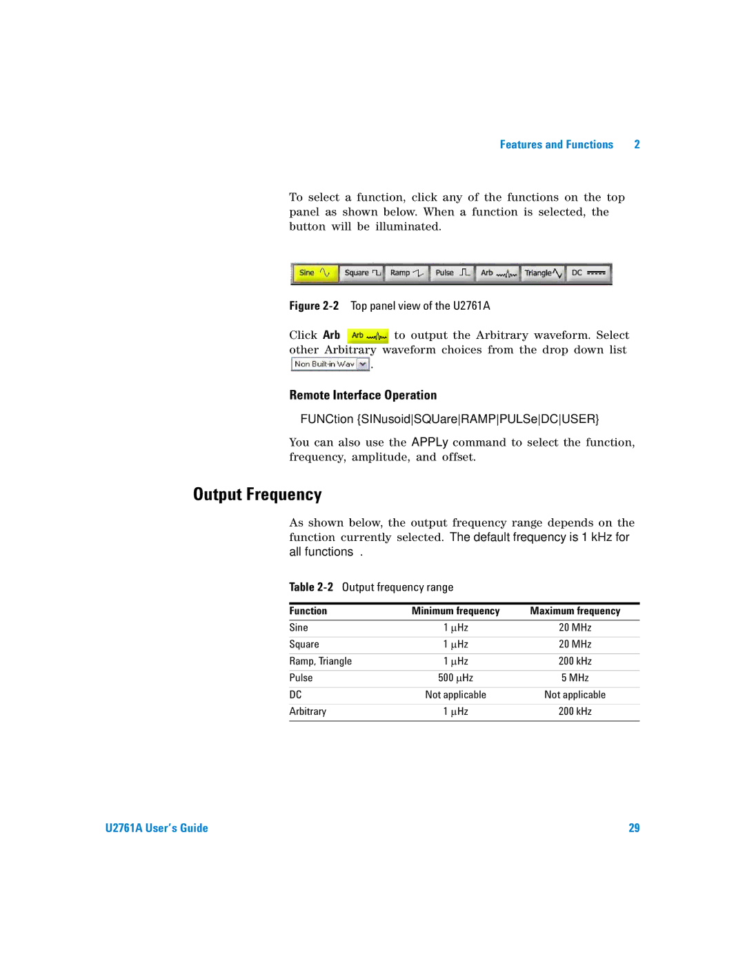 Agilent Technologies U2761A manual Output Frequency, Remote Interface Operation, 2Output frequency range 