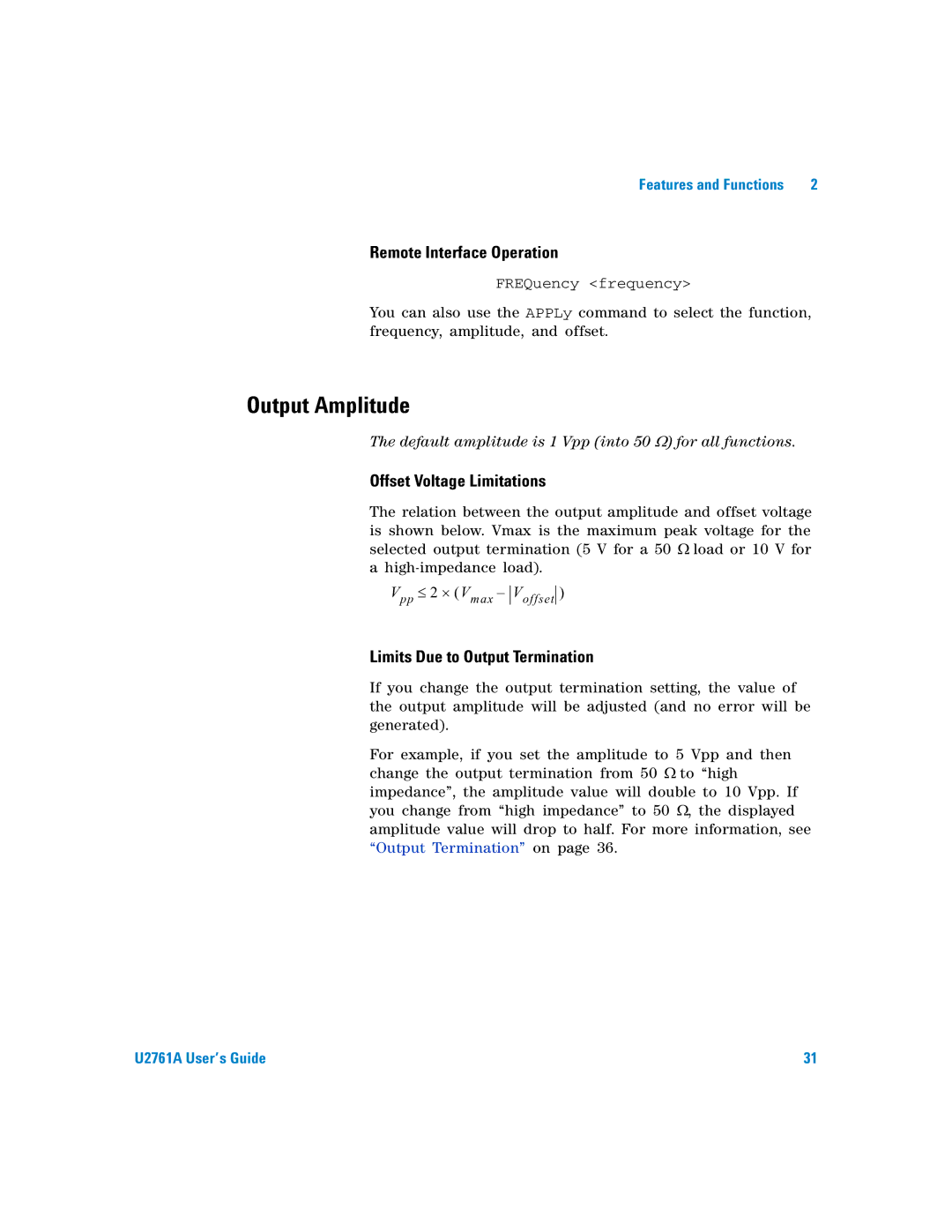 Agilent Technologies U2761A manual Output Amplitude, Offset Voltage Limitations, Limits Due to Output Termination 