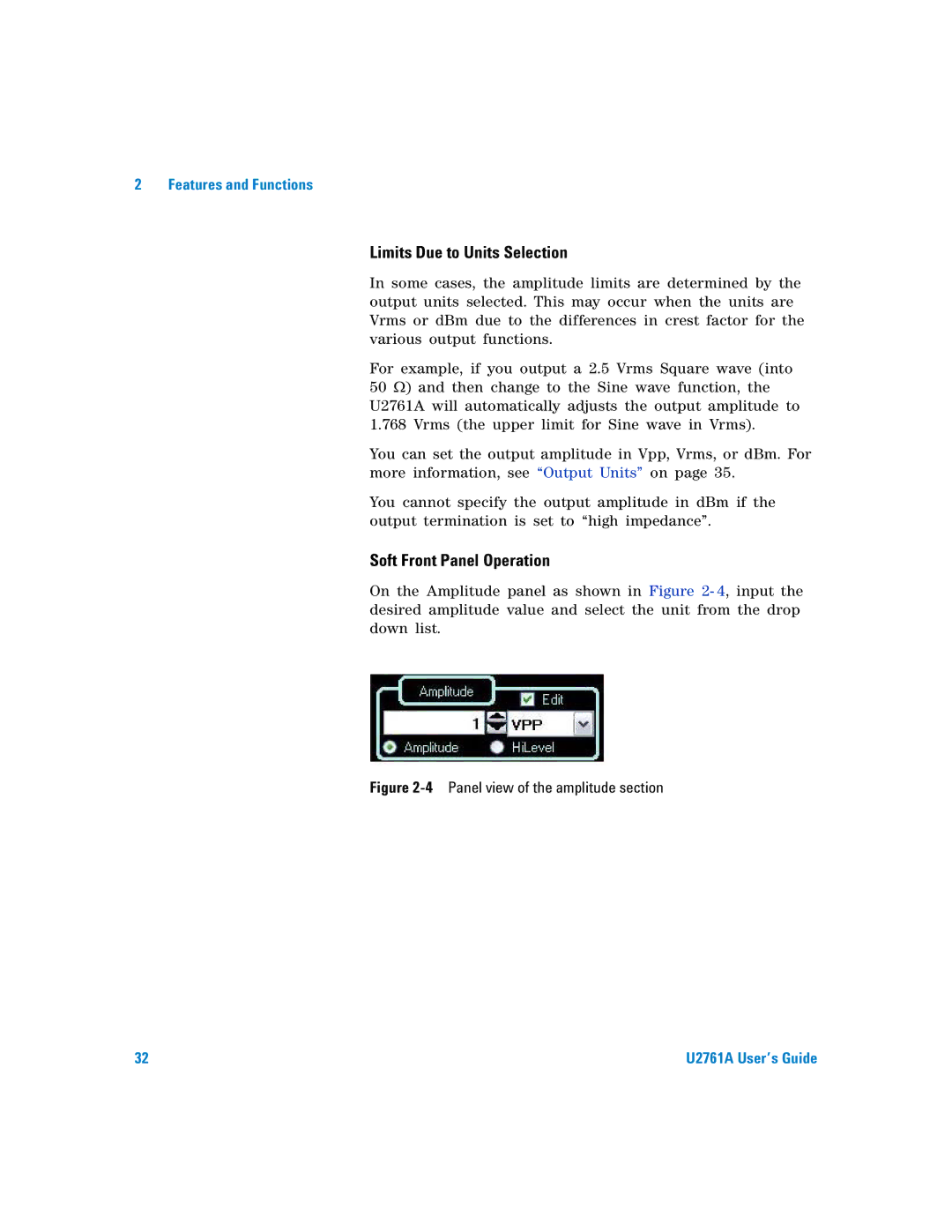 Agilent Technologies U2761A manual Limits Due to Units Selection, 4Panel view of the amplitude section 