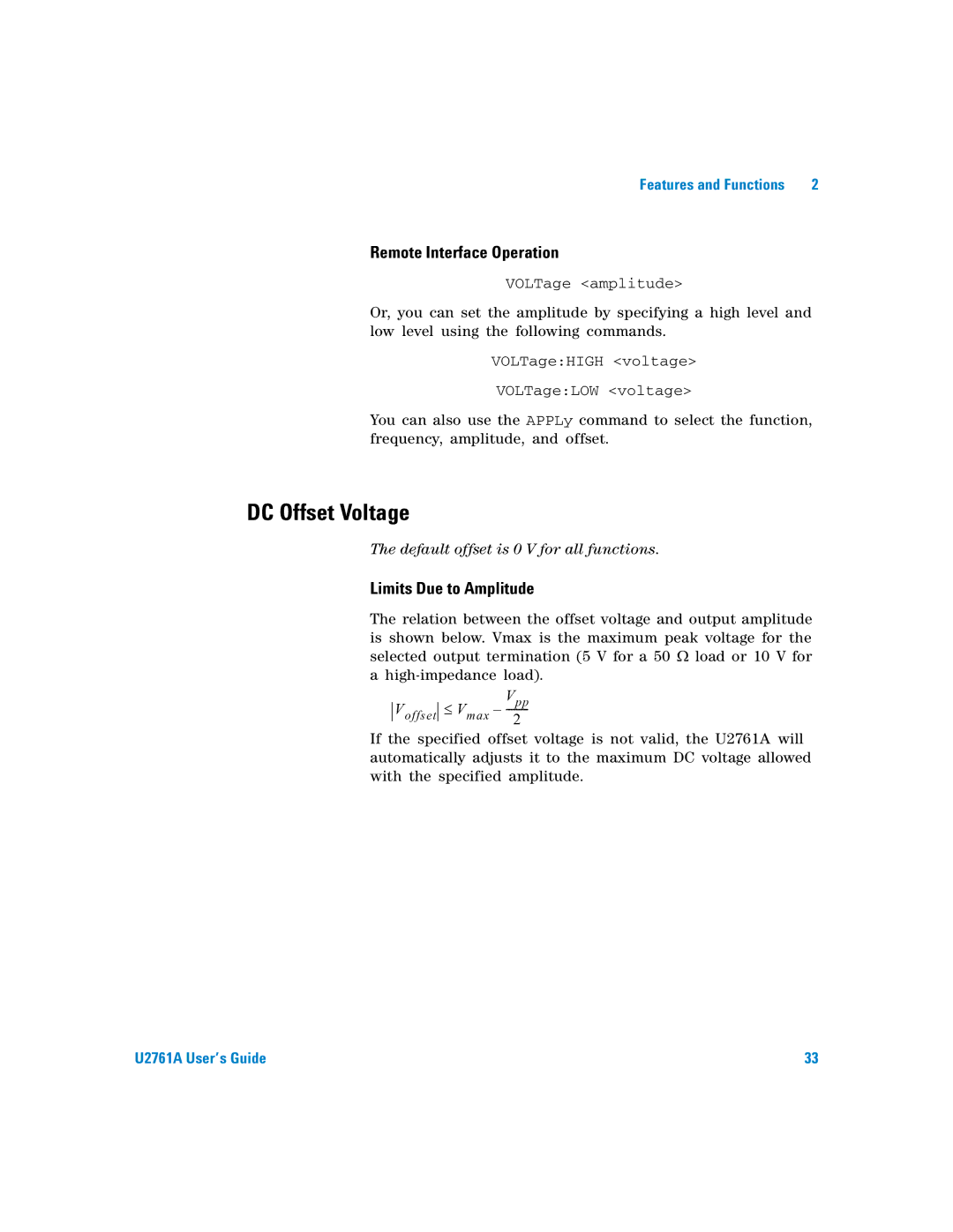 Agilent Technologies U2761A manual DC Offset Voltage, Limits Due to Amplitude 