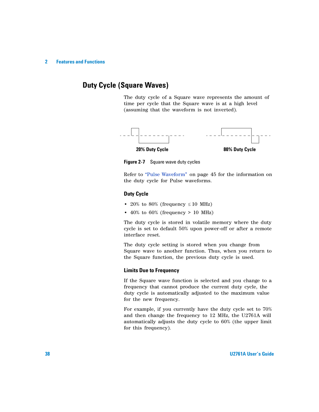 Agilent Technologies U2761A manual Duty Cycle Square Waves, Limits Due to Frequency 