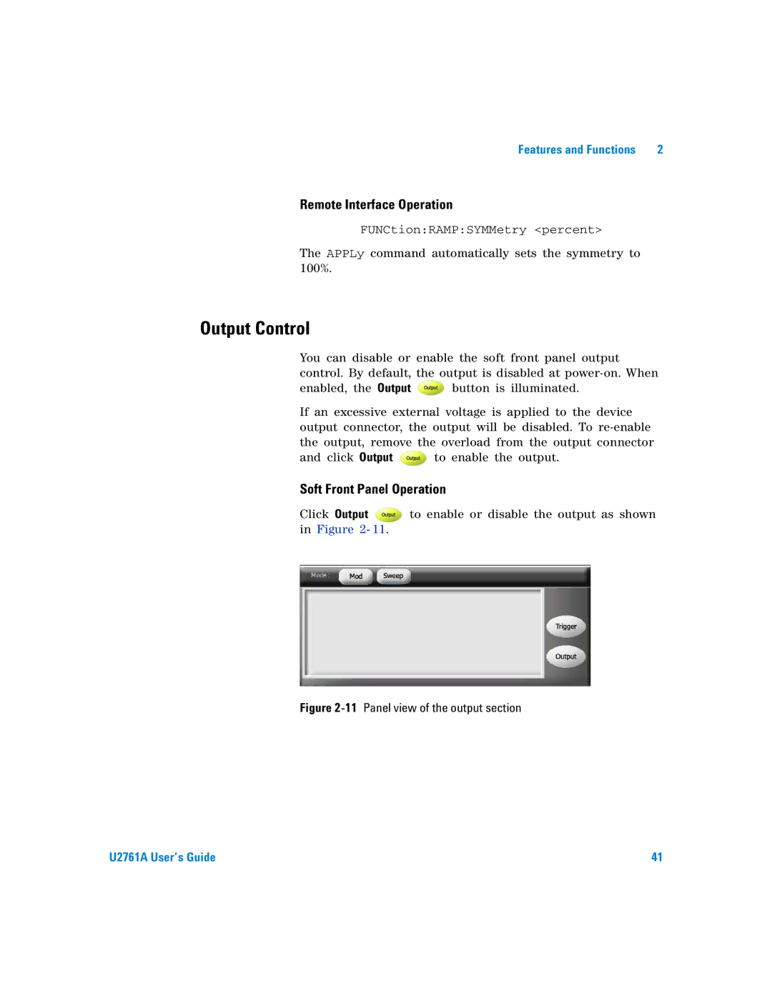 Agilent Technologies U2761A manual Output Control, 11Panel view of the output section 