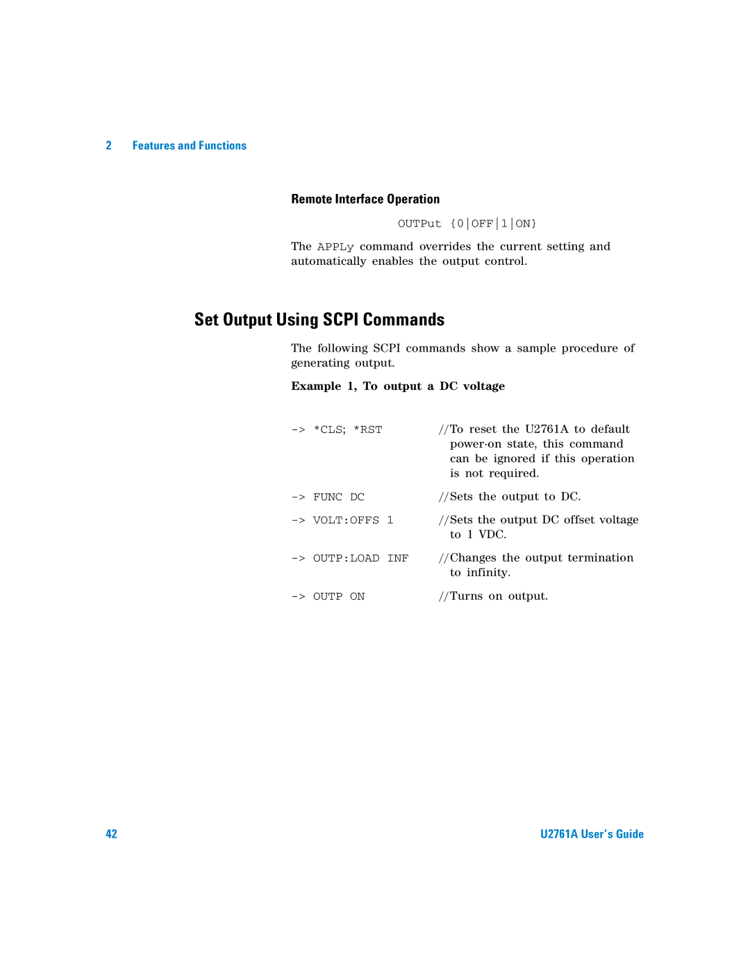 Agilent Technologies U2761A manual Set Output Using Scpi Commands, Example 1, To output a DC voltage 