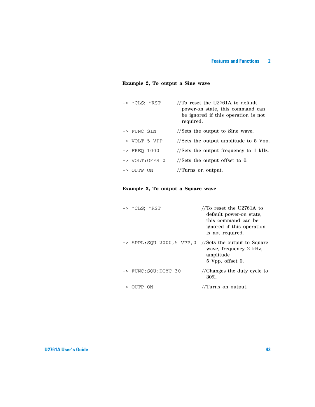 Agilent Technologies U2761A manual Example 2, To output a Sine wave 