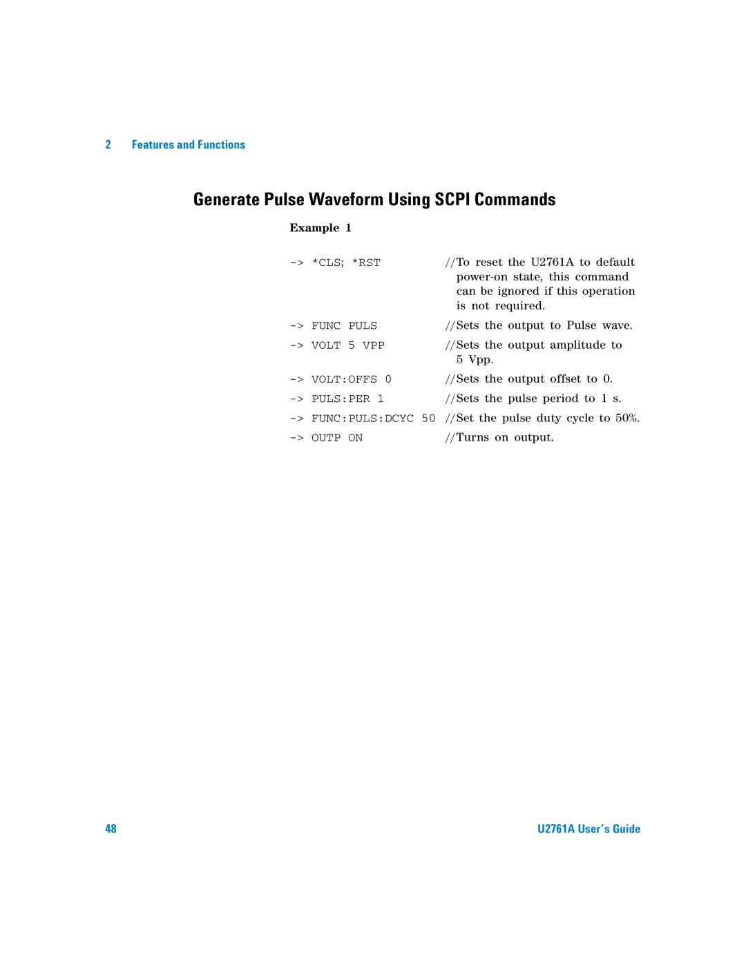 Agilent Technologies U2761A manual Generate Pulse Waveform Using Scpi Commands, Example 