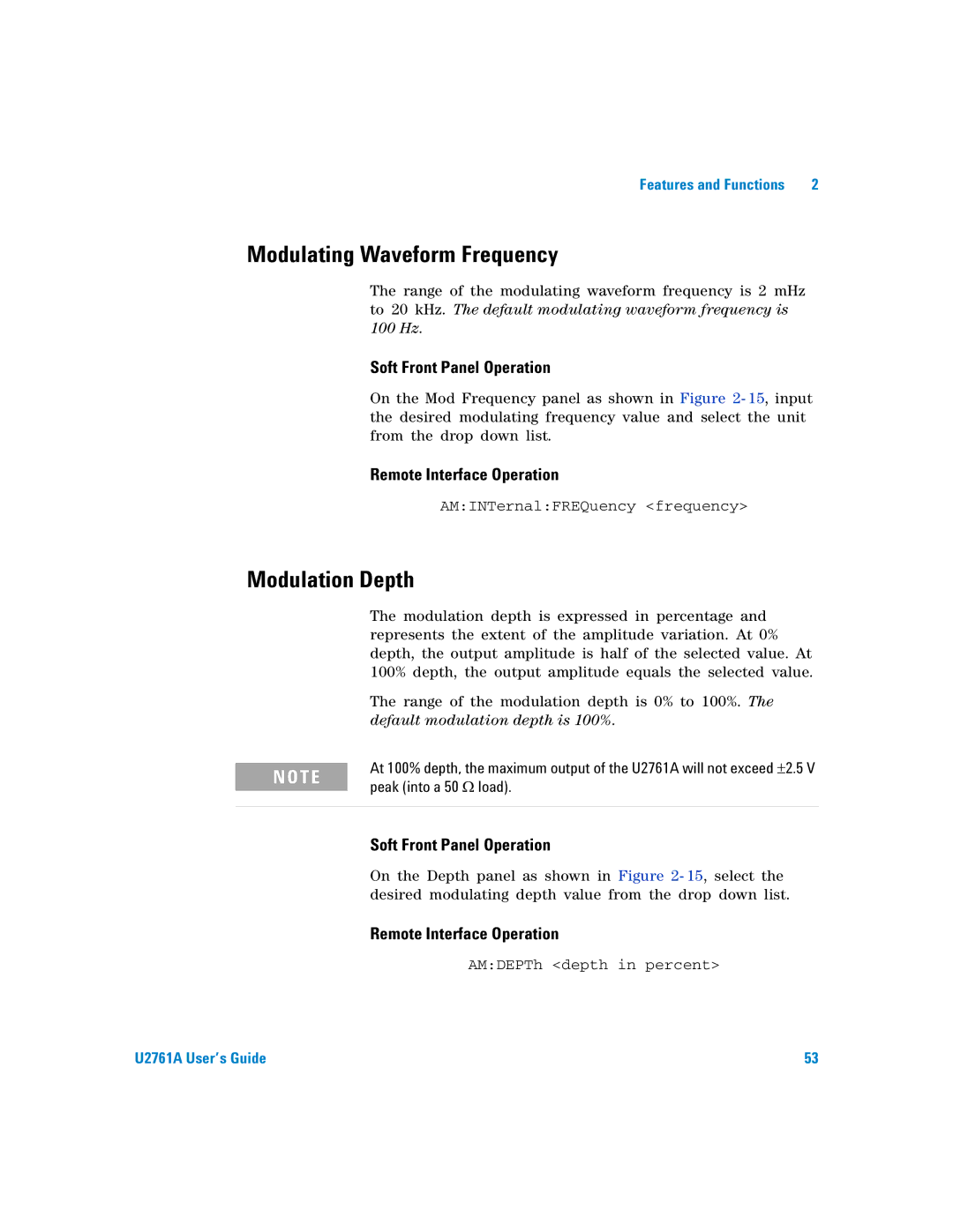 Agilent Technologies U2761A manual Modulating Waveform Frequency, Modulation Depth, Peak into a 50 Ω load 