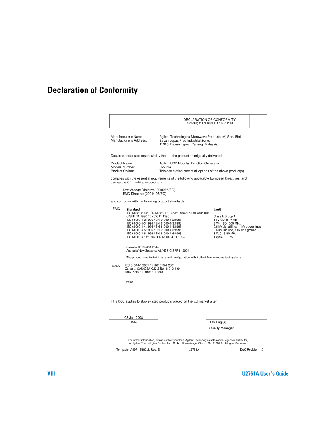 Agilent Technologies U2761A manual Declaration of Conformity 