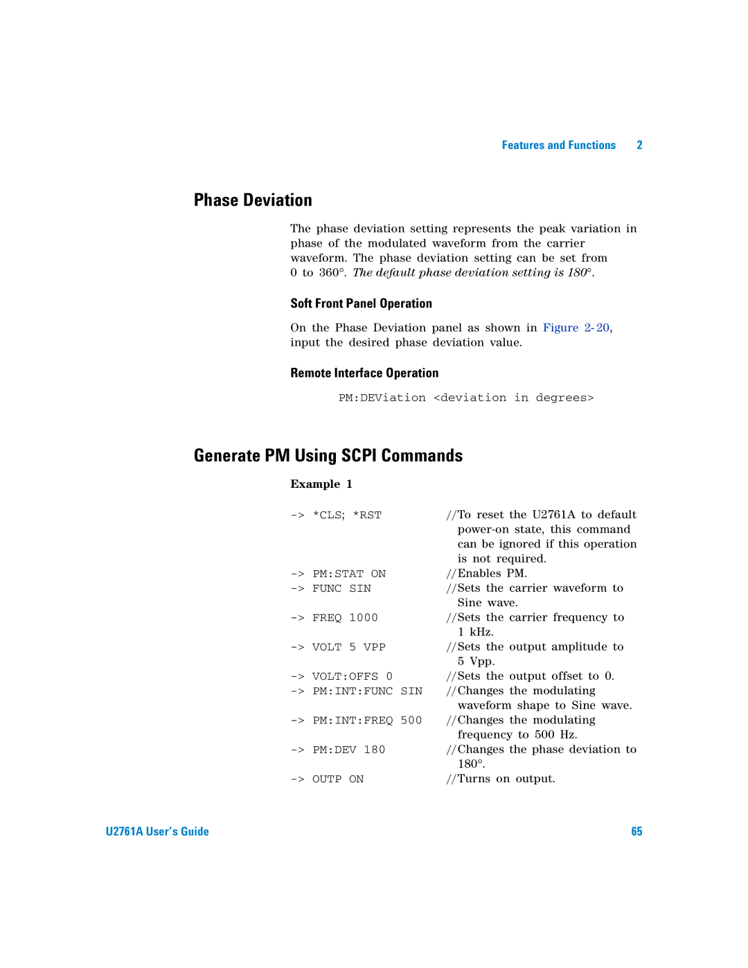 Agilent Technologies U2761A manual Phase Deviation, Generate PM Using Scpi Commands 