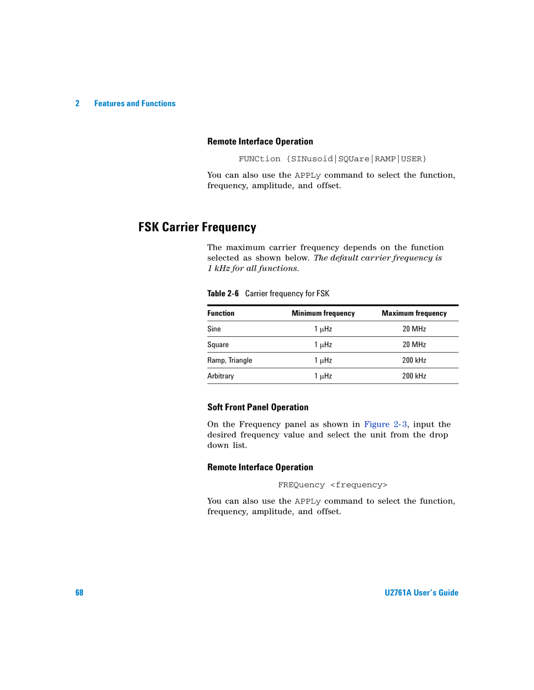 Agilent Technologies U2761A manual FSK Carrier Frequency, 6Carrier frequency for FSK 