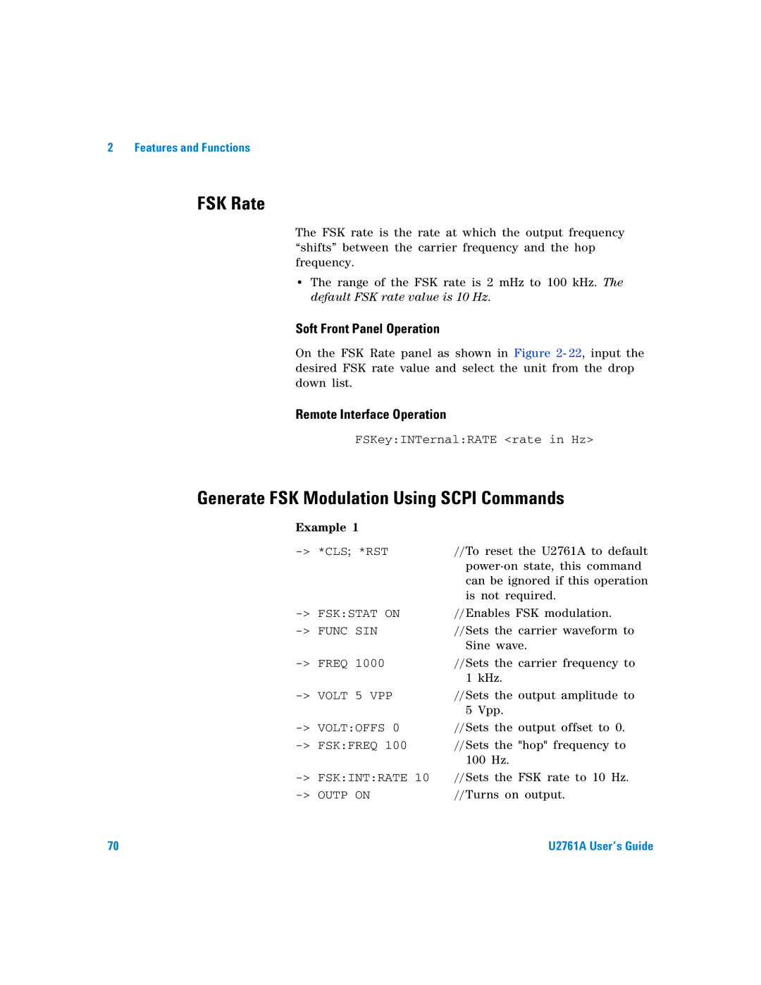 Agilent Technologies U2761A manual FSK Rate, Generate FSK Modulation Using Scpi Commands 