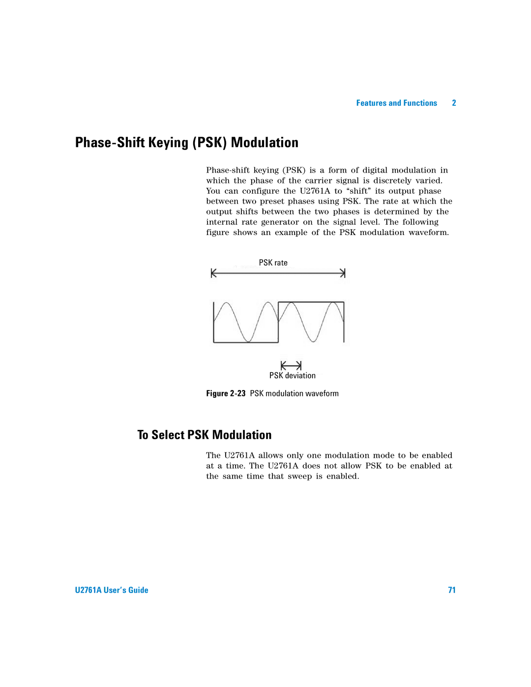 Agilent Technologies U2761A manual Phase-Shift Keying PSK Modulation, To Select PSK Modulation, PSK rate PSK deviation 