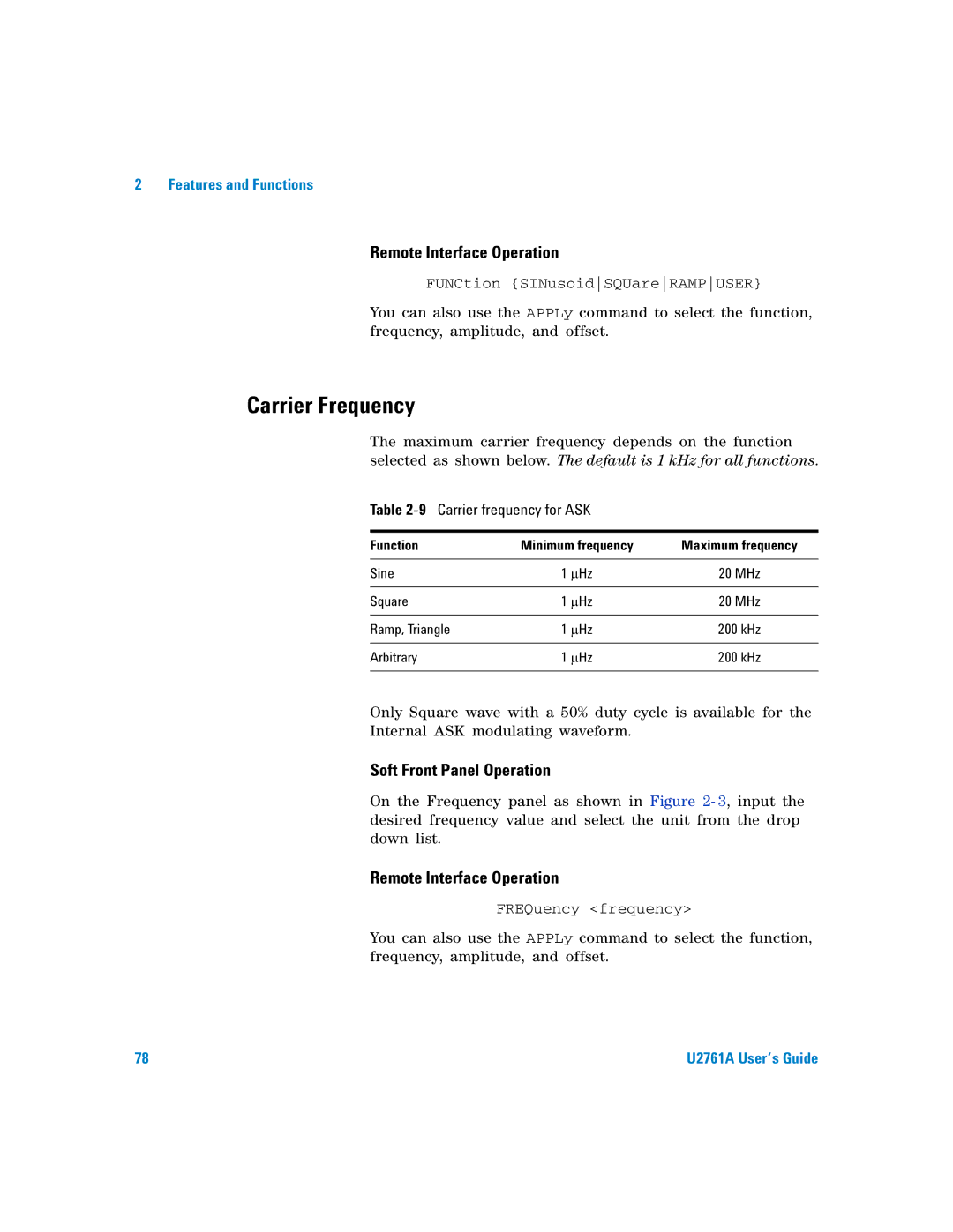 Agilent Technologies U2761A manual Carrier Frequency, 9Carrier frequency for ASK 