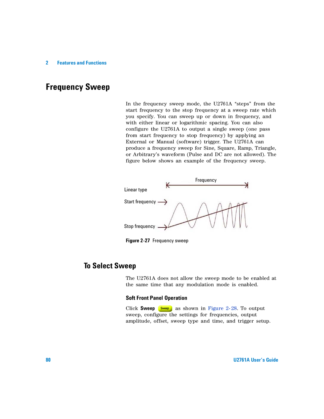 Agilent Technologies U2761A manual Frequency Sweep, To Select Sweep, Frequency Linear type Start frequency Stop frequency 