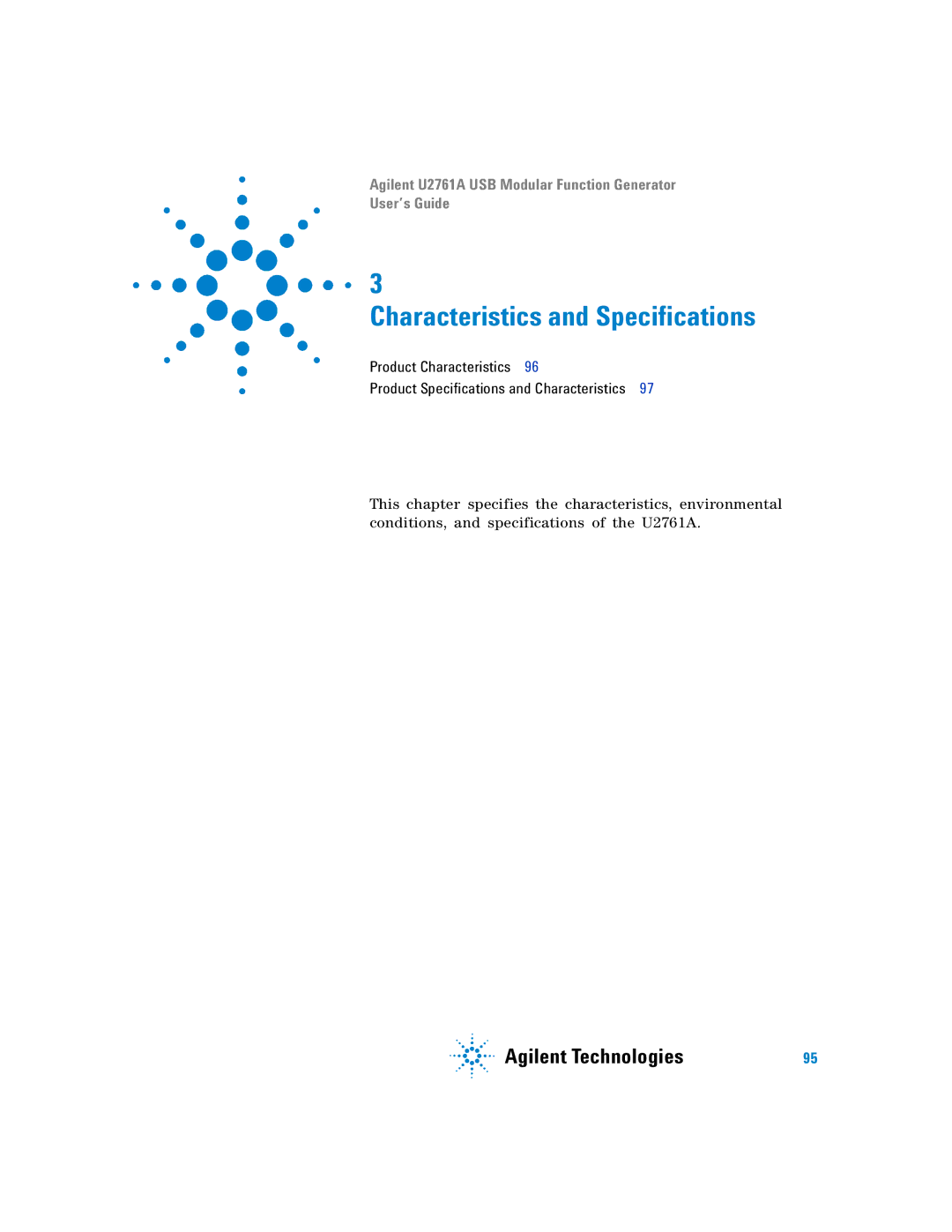 Agilent Technologies U2761A manual Characteristics and Specifications 