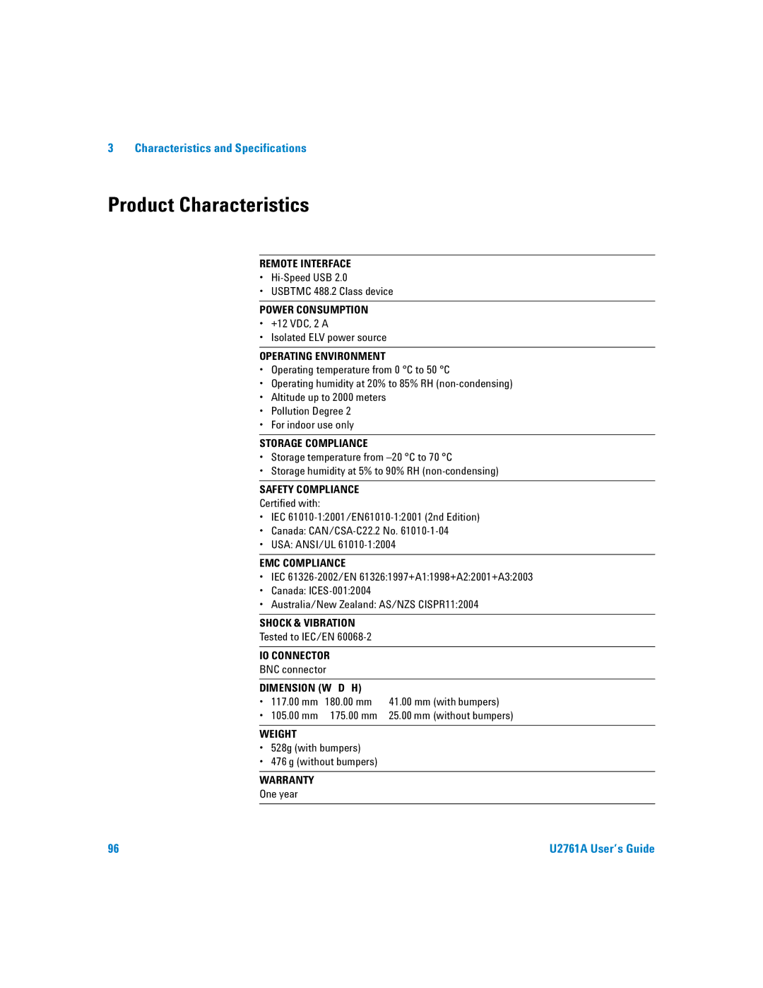 Agilent Technologies U2761A manual Product Characteristics, Operating Environment 