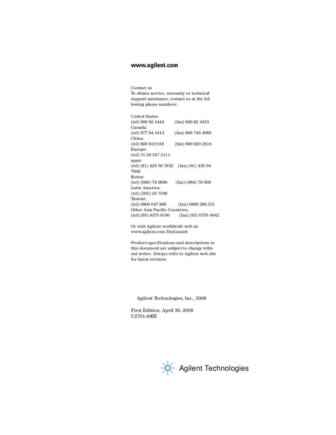 Agilent Technologies U2761A manual United States Tel 800 829 