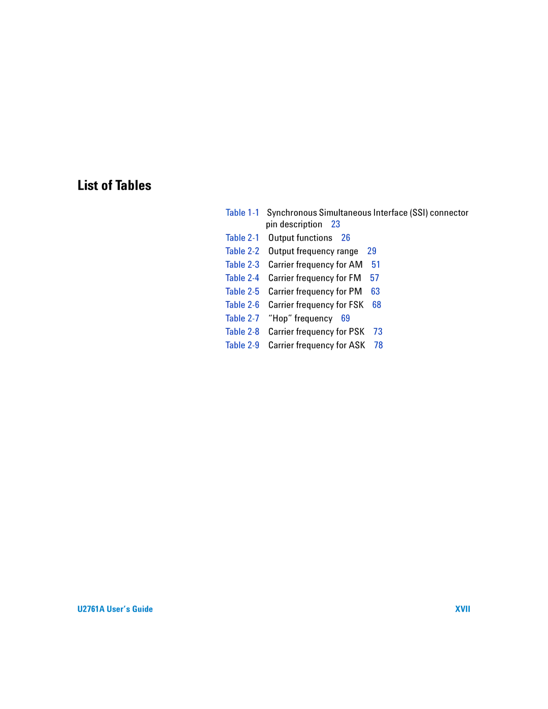 Agilent Technologies U2761A manual List of Tables 