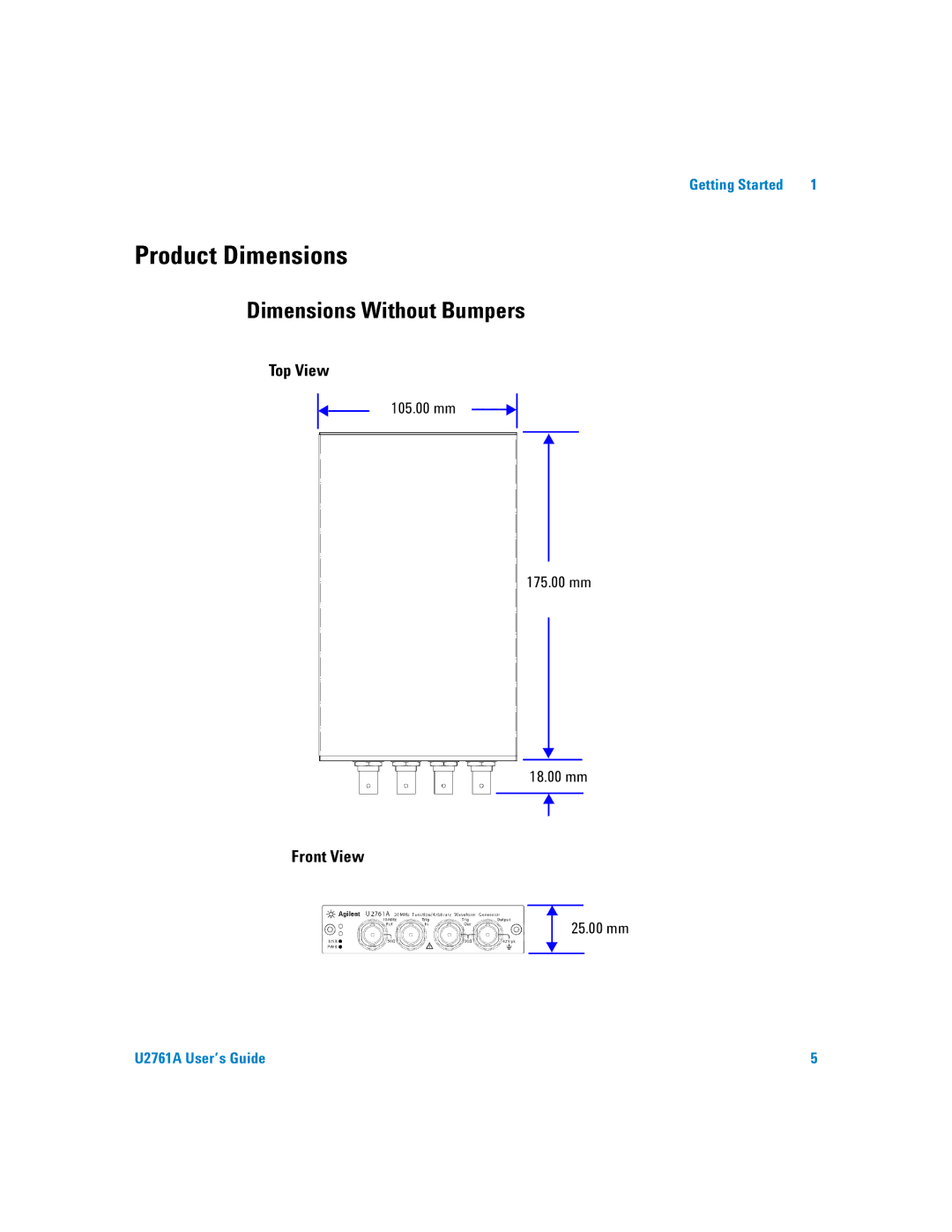 Agilent Technologies U2761A manual Product Dimensions, Dimensions Without Bumpers, 105.00 mm 175.00 mm 18.00 mm, 25.00 mm 